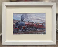 Framed artwork of a red steam locomotive 6233 Duchess of Sutherland leaving London Euston on tracks.
