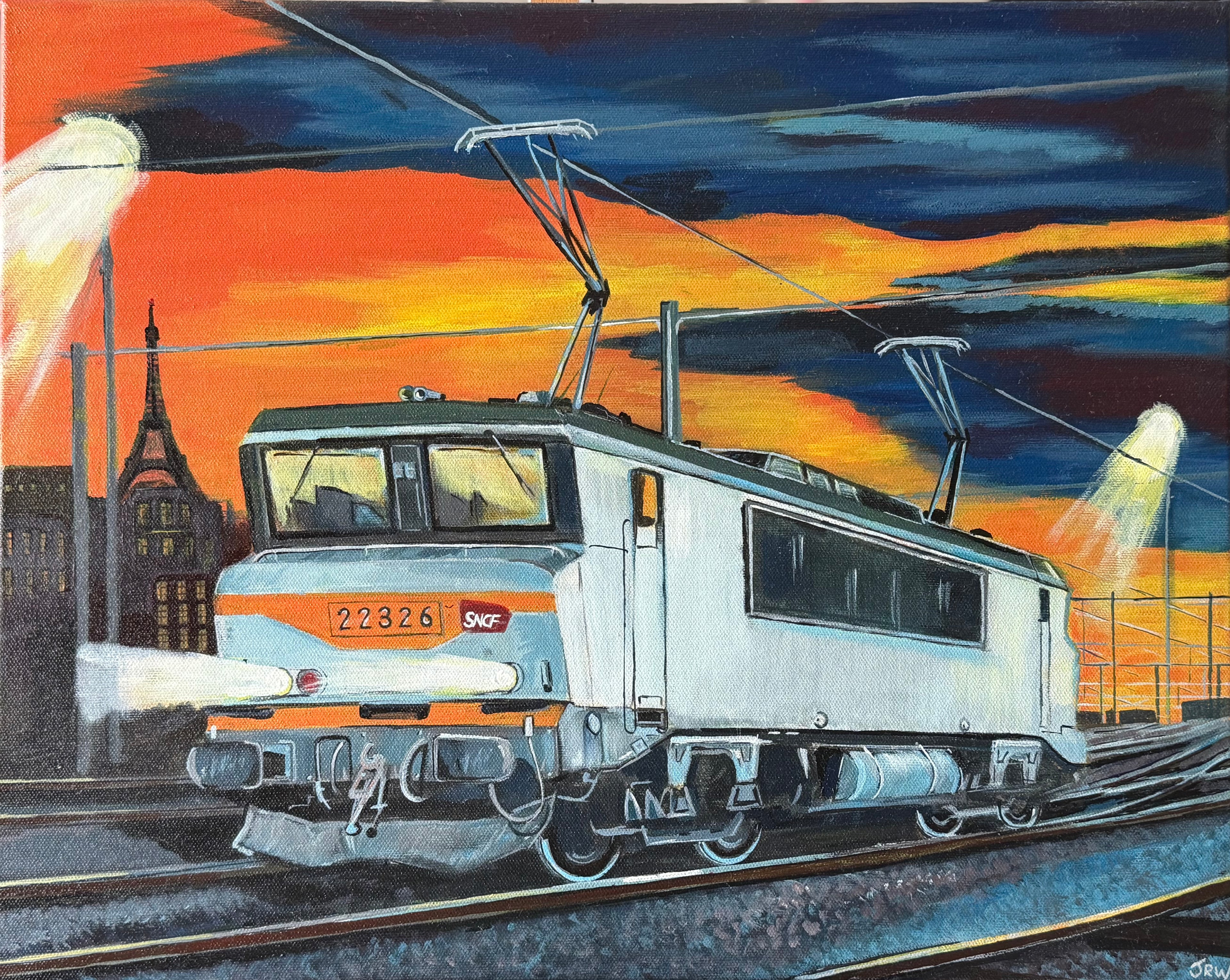 Painting of a train on tracks with a Paris cityscape and sunset in the background